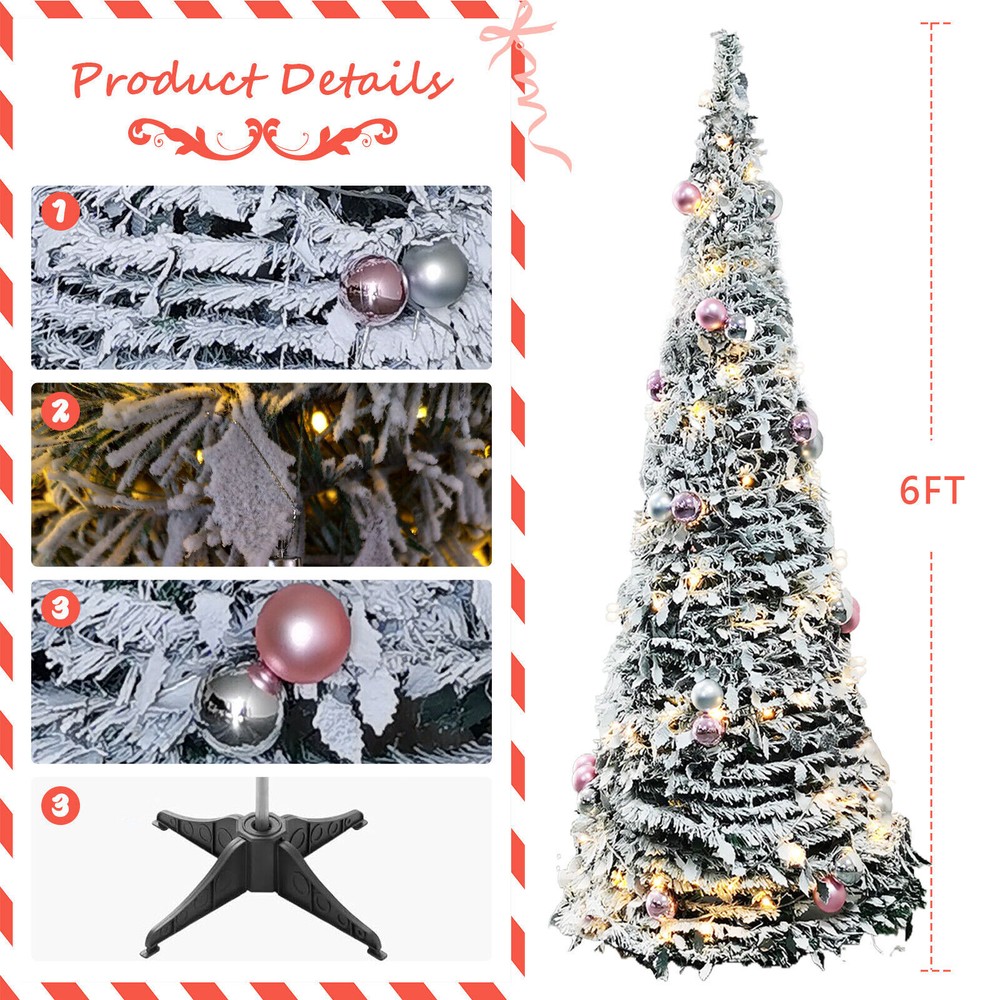 6ft Christmas Tree Foldable Full Tree Pre-Lit Snow Flocked LED String Light Xmas
