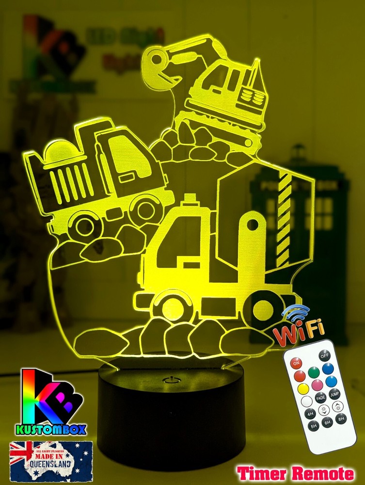 EXCAVATOR CONSTRUCTION TRUCK QUARRY 3D LED NIGHT LIGHT LAMP + REMOTE CONTROL