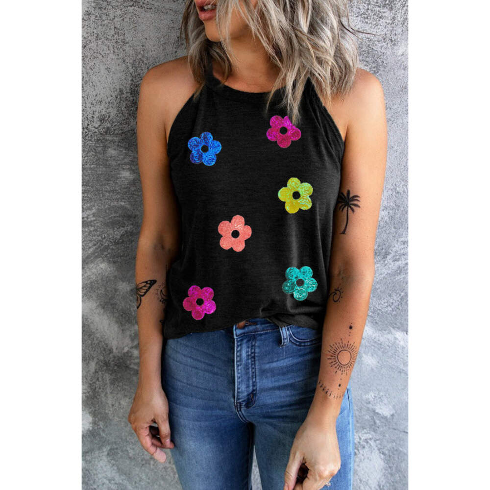 Sequin Flower Round Neck Tank