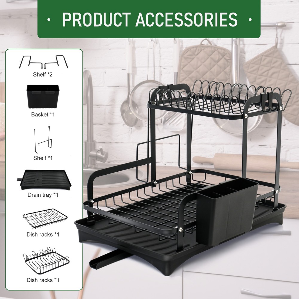 2 Layer Dish Drying Rack Space-Saving Dish Rack for Kitchen Drainer Drainboard