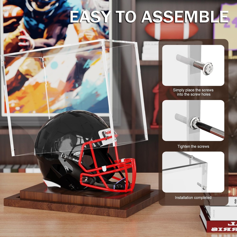 VGMiu Mini Helmet Display Case with Wood Base, Clear Case,
