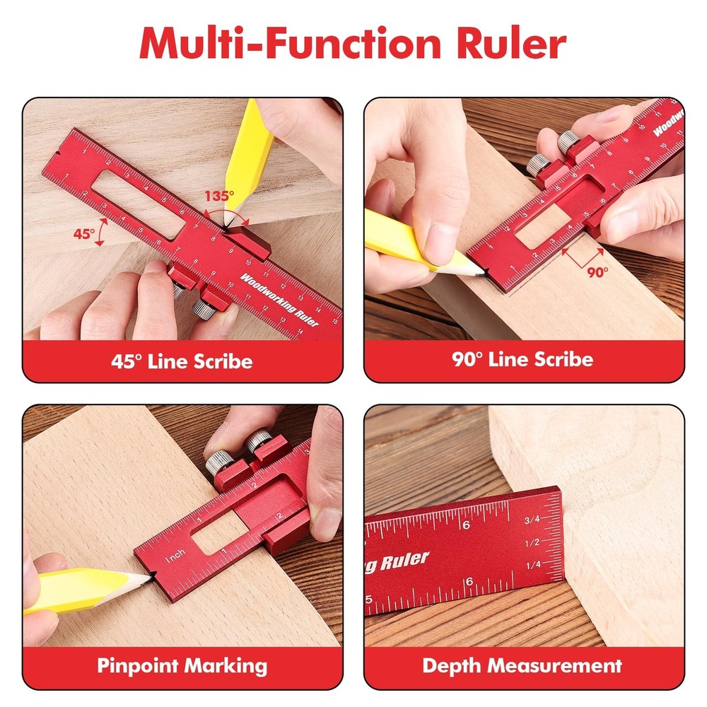 3PCS Woodworking Ruler Set, Precision Pocket Ruler with Adjustable Slide Stop, A