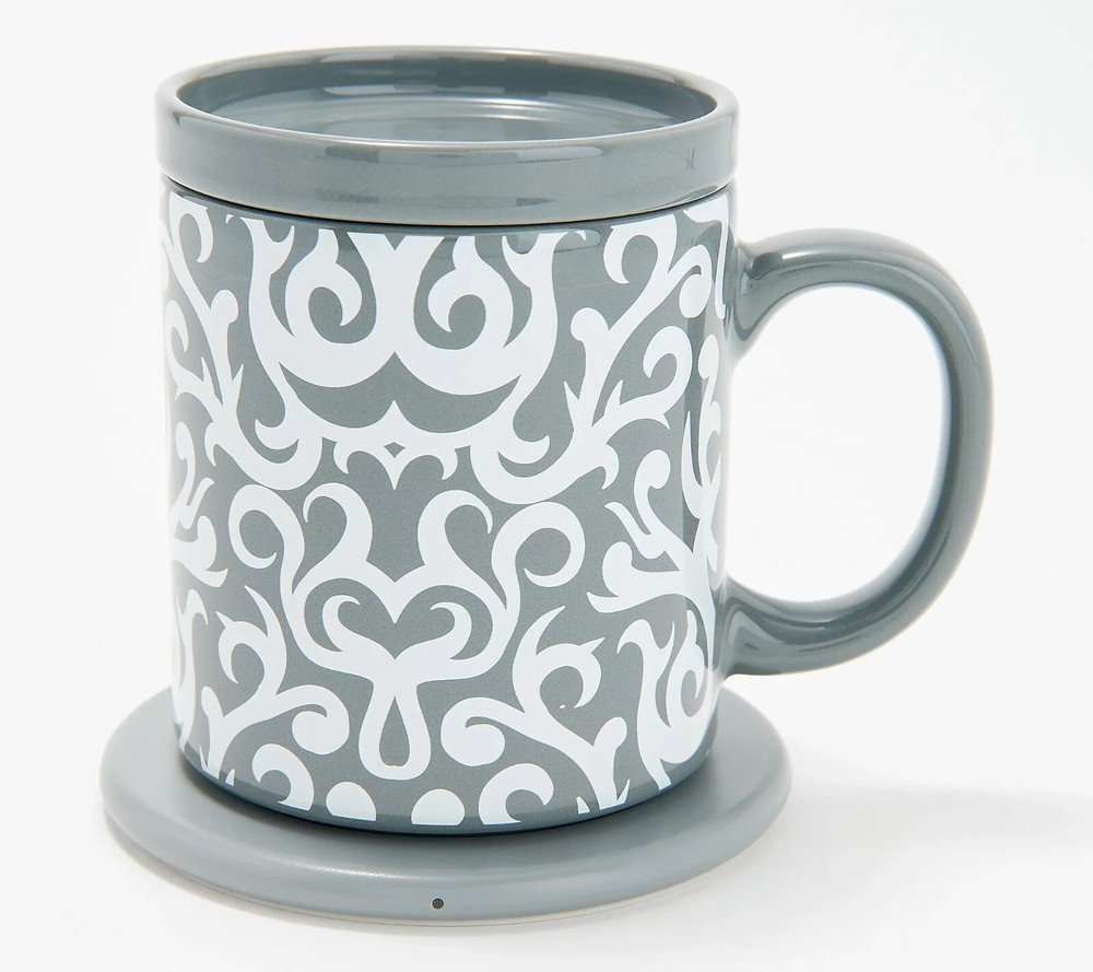 Temp-tations K61162: 14 oz. Ceramic Mug with Warming Base - Grey Damask