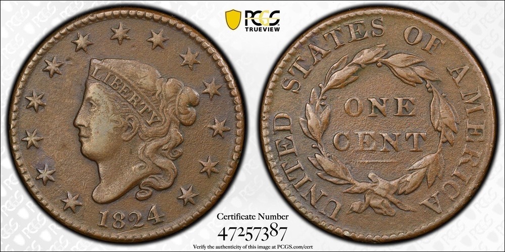 1824 Coronet Head Large Cent PCGS VF Detail Environmental Damage