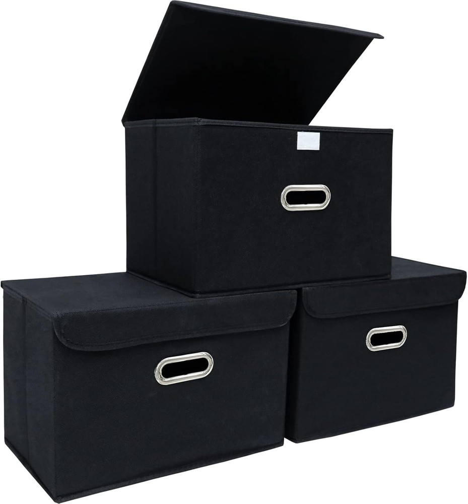 Fabric Storage Cube Bins Foldable Organizer Container Collapsible (Black, 3 Pcs)
