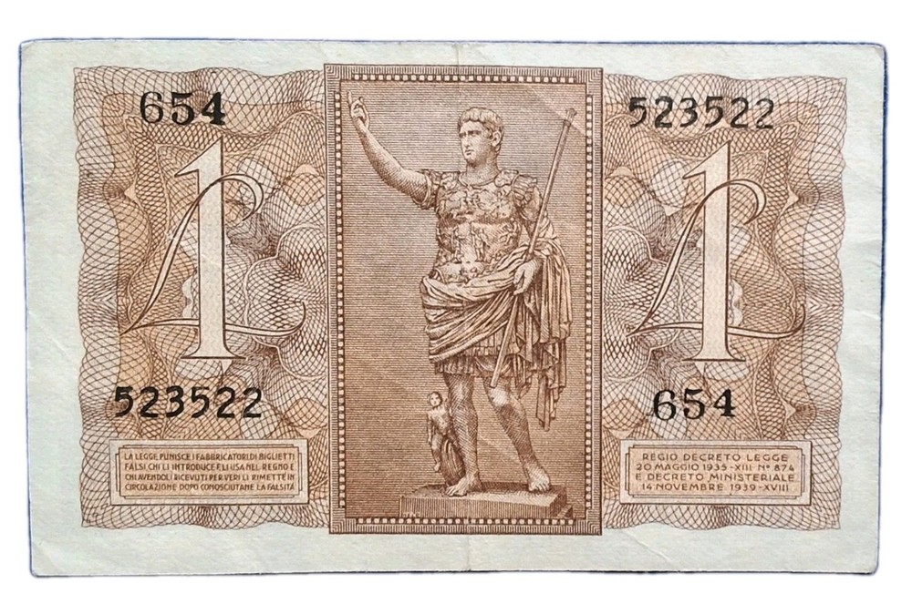 •1939•ITALY•1 LIRE•BANKNOTE•