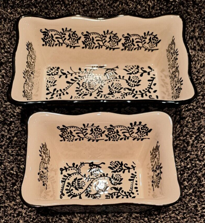 Stoneware Bread Pans, 2 Sizes - B&W Floral Pattern Glazed Ceramic Bakeware Set