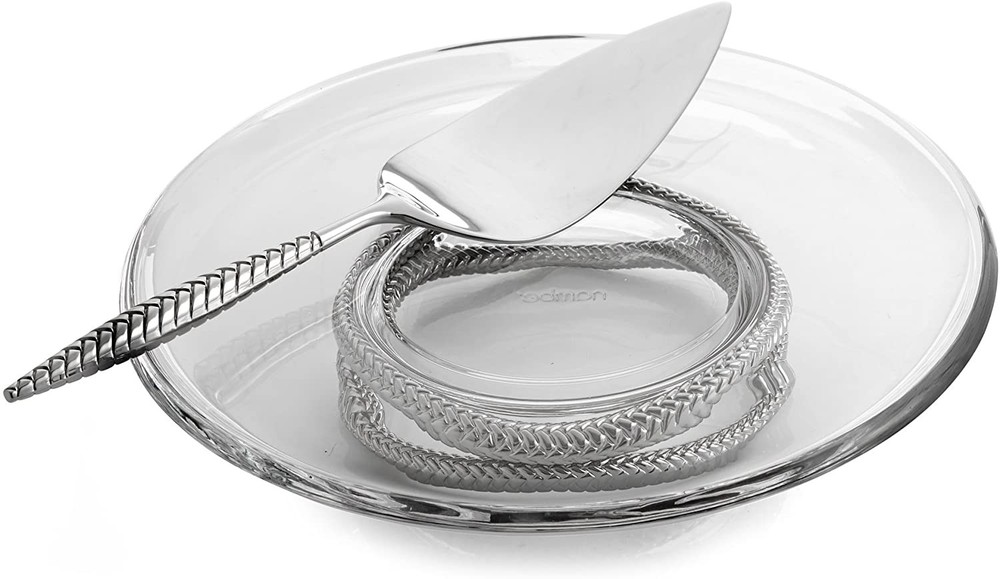 Nambe Braid Collection Pedestal Glass Cake Plate with Server - Clear Silver