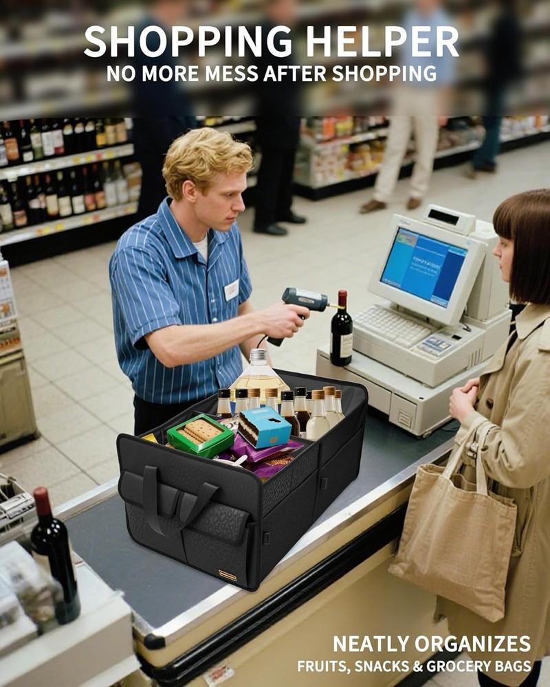 Black Leopard Collapsible Trunk Organizer - Spacious 3 Compartment Storage