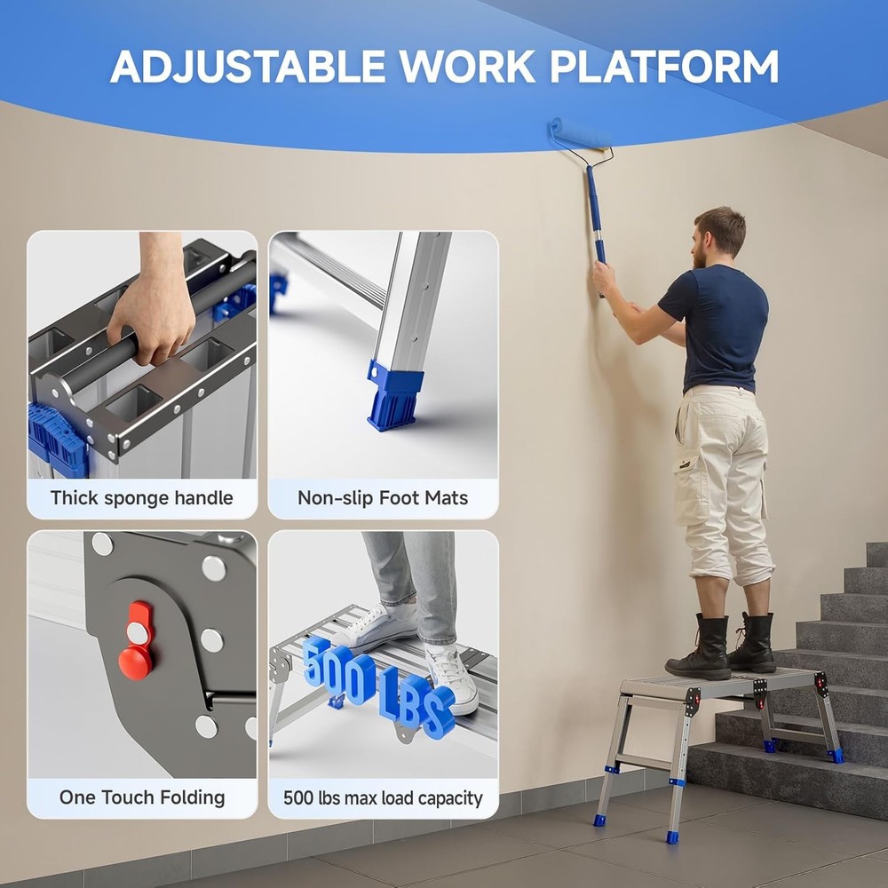 Folding Work Platform for Adults, Aluminum Foldable Step Stool Adjustable Height