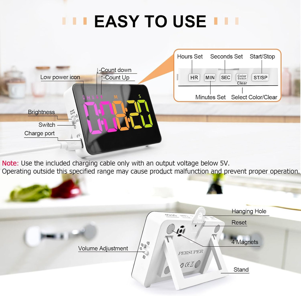 Kitchen Digital Timer, Count Down Up, Rechargeable, Vibration Mode Adjustable Vo
