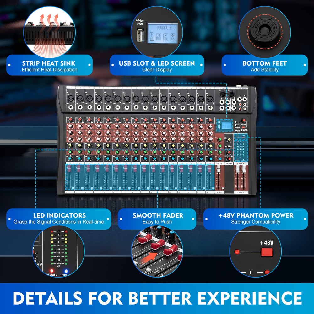 16 Channel Studio Audio Mixer Bluetooth USB Digital Sound Mixing Console Board