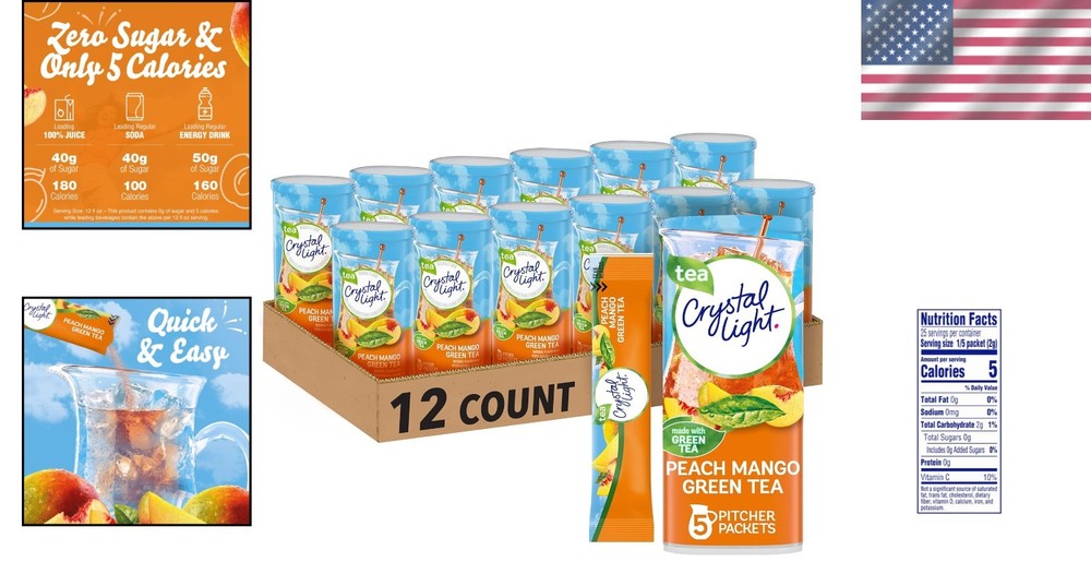 Green Tea Peach Mango Drink Mix, 12 Canisters, 5 Packets