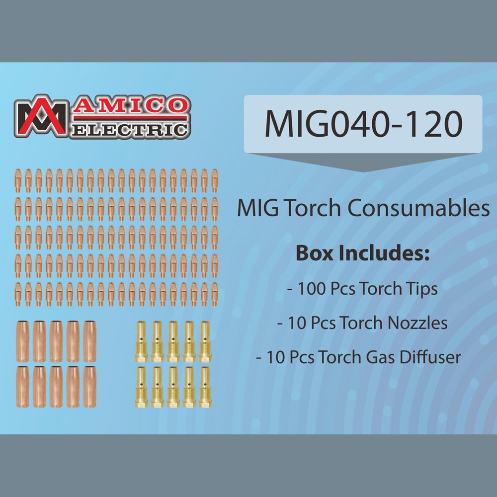 Amico MIG Consumables, 100-pcs .040” Tip, 10-pcs Nozzle, 10-pcs Diffuser