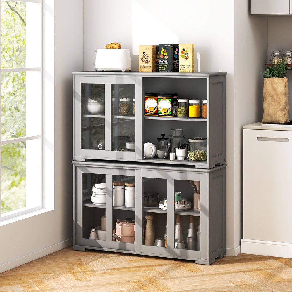 2PCS 2-Door Stackable Buffet Sideboard w/ Sliding Tempered Glass Doors Gray