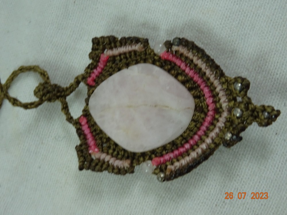 Artisan Oval Pink Topaz Stone Macrame Setting Statement Necklace 27' adjustable