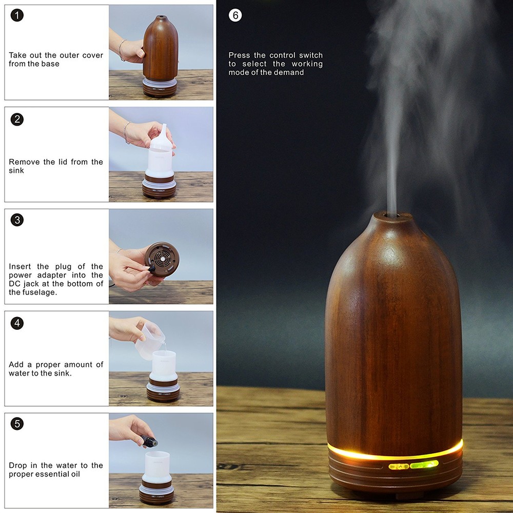 Real Wood Essential Oil Diffuser Ultrasonic Aromatherapy Diffuser with LED Light