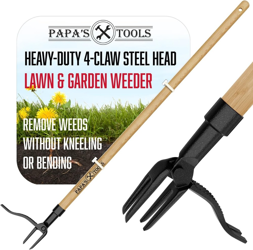 Manual Weed Puller Tool Long Handle w/ 4 Claw Steel Head Weeder