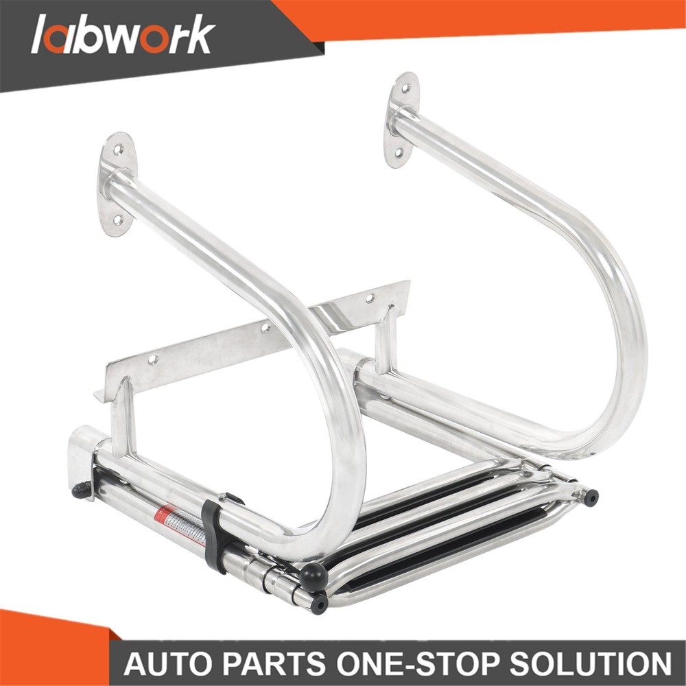 Labwork 3 Step Stainless Steel Folding Pontoon Boat Ladders w/ Extra Wide Step