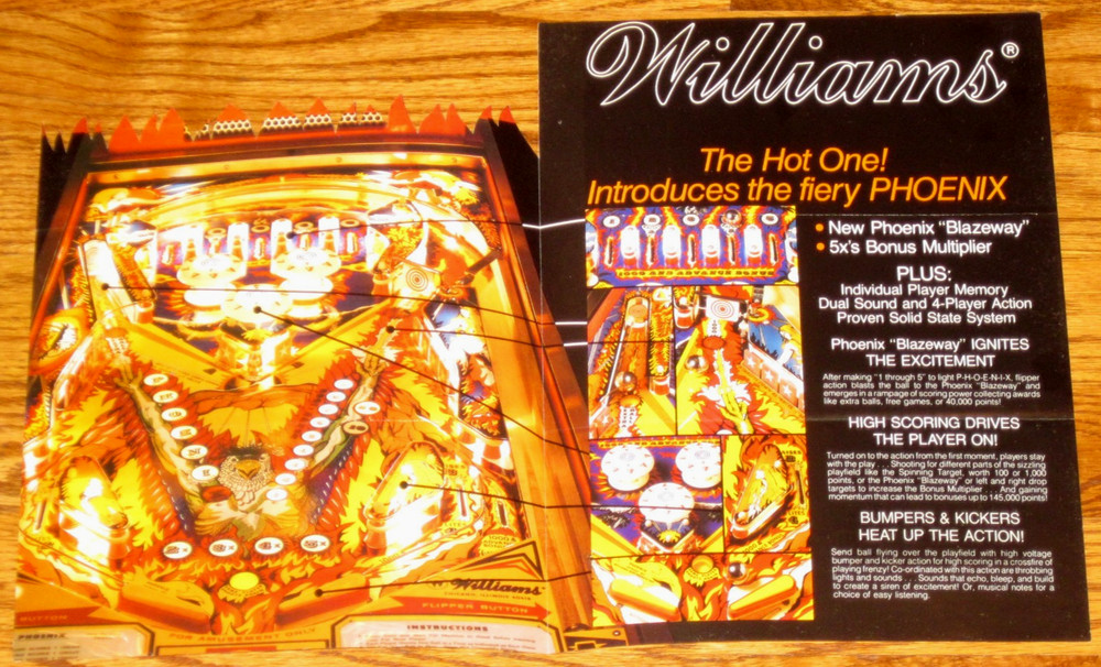 Phoenix Williams Pinball Flyer / Brochure / Ad /