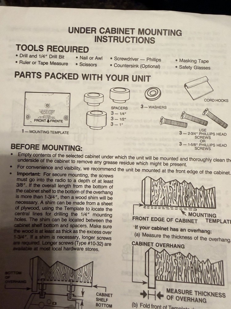 GE Spacemaker 7-4230 Mounting Hardware And Instructions Only