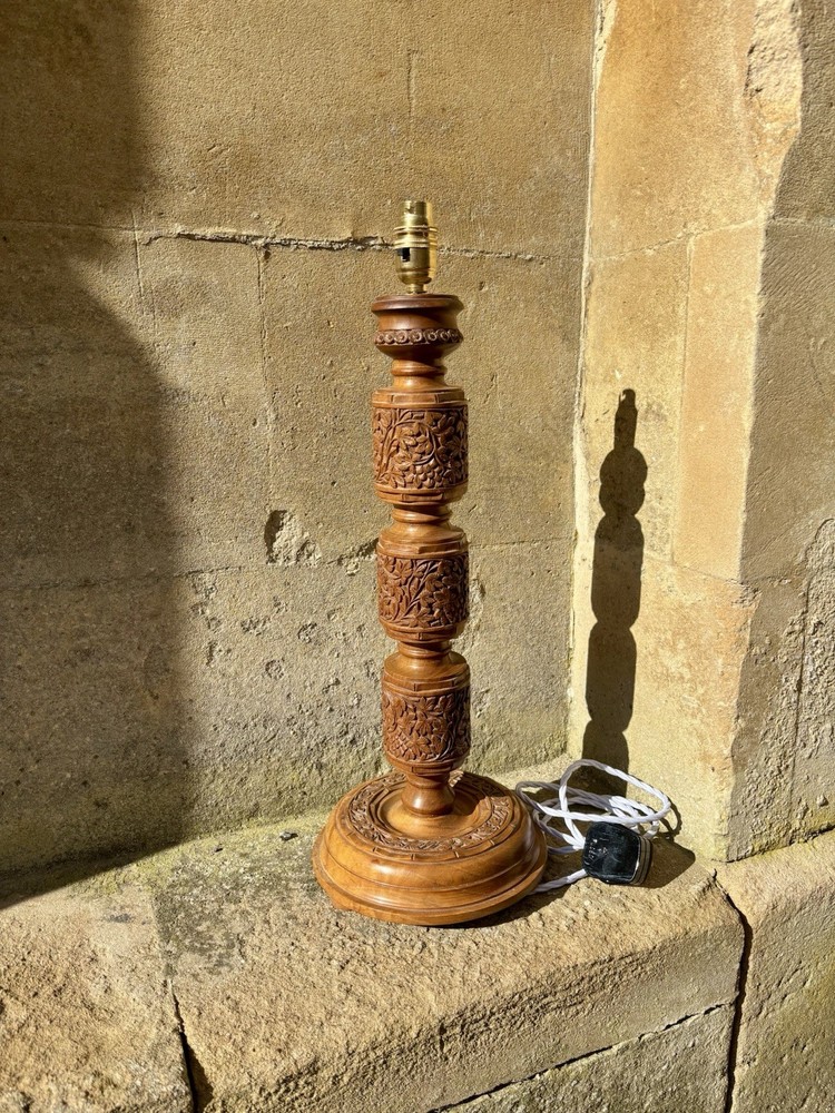 Tall Kashmiri Hand-Carved Solid Wood Table Lamp