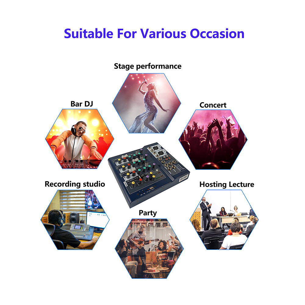 4 Channel Mini Mixer Audio Stage Console USB BT 48V Phantom Live Studio Mixing