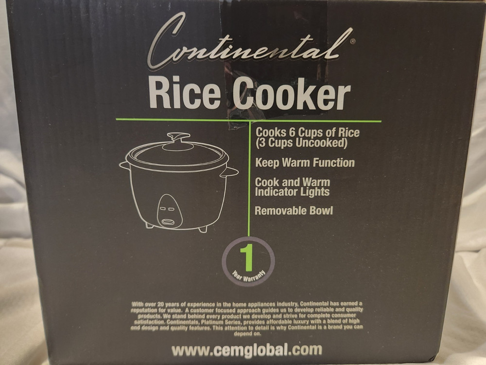 Continental Electric Rice Cooker 6 Cup White Removable Bowl Keep Warm Function