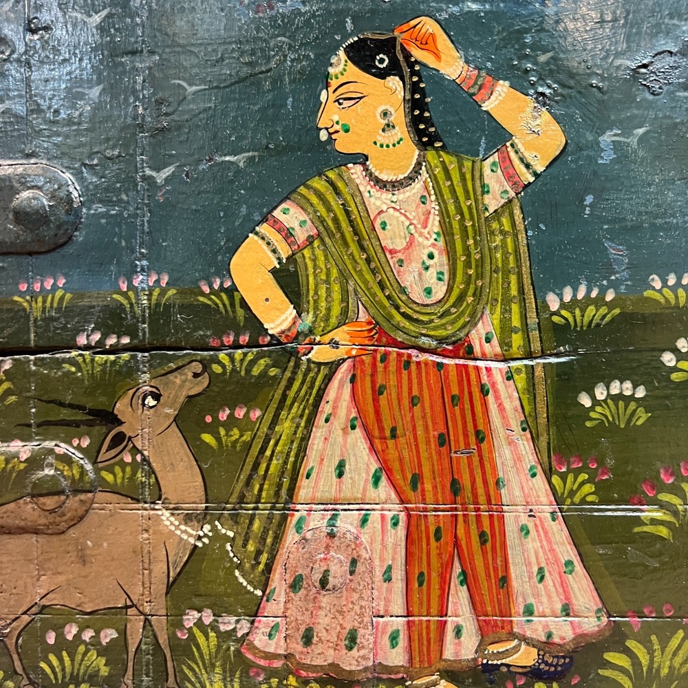 Antique Mughal Indian Hand-Painted Wedding Chest