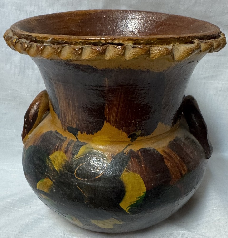 Vintage Mexican Folk Art Handmade Handled Planter