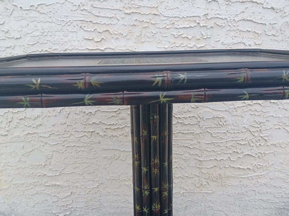 Maitland Smith Side Table Ebonized Faux Bamboo Leather Top Hand Painted Table