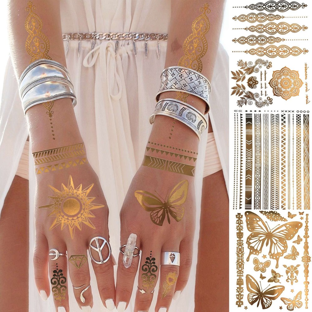 Bilizar 9 Sheets 110+ Designs Flash Gold Temporary Tattoos Large,