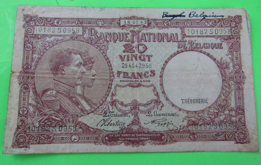 BELGIUM, 20 FRANCS, P#111, 1943