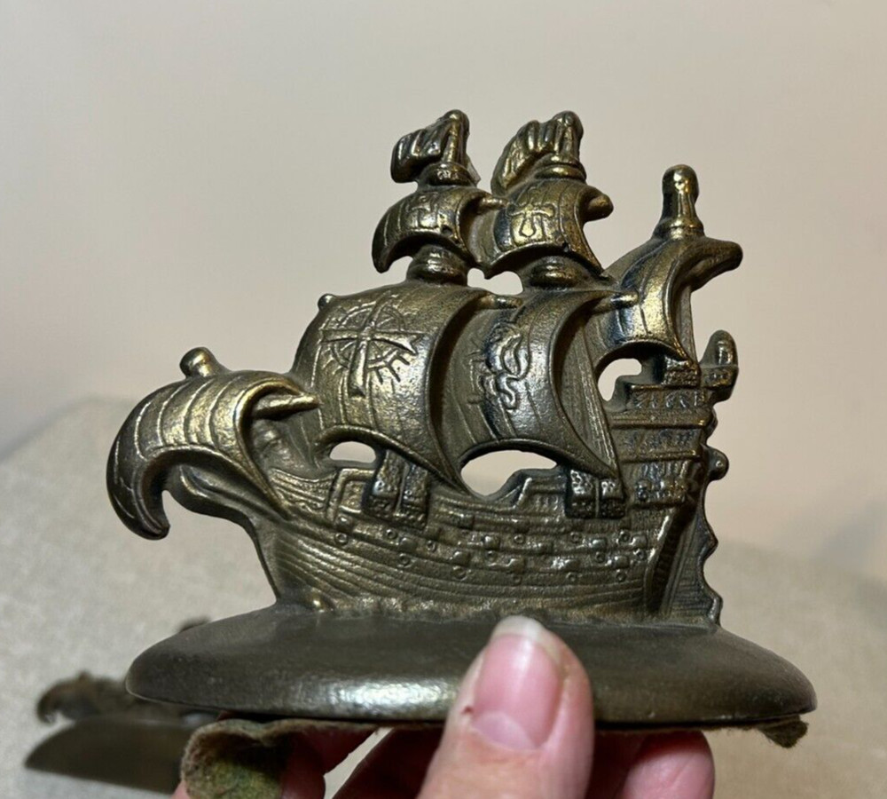Vintage Solid Brass Pair of Ship Spanish Galleon Bookends
