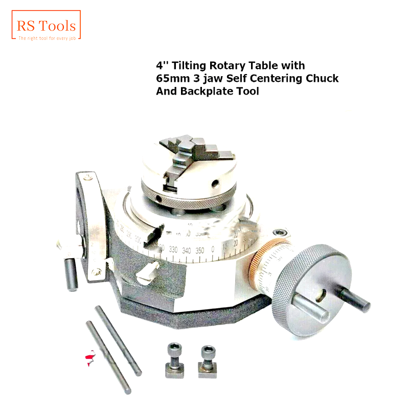 Tilting Rotary Table 4'' with 3 jaw 65mm Self Centering Chuck And Backplate Tool