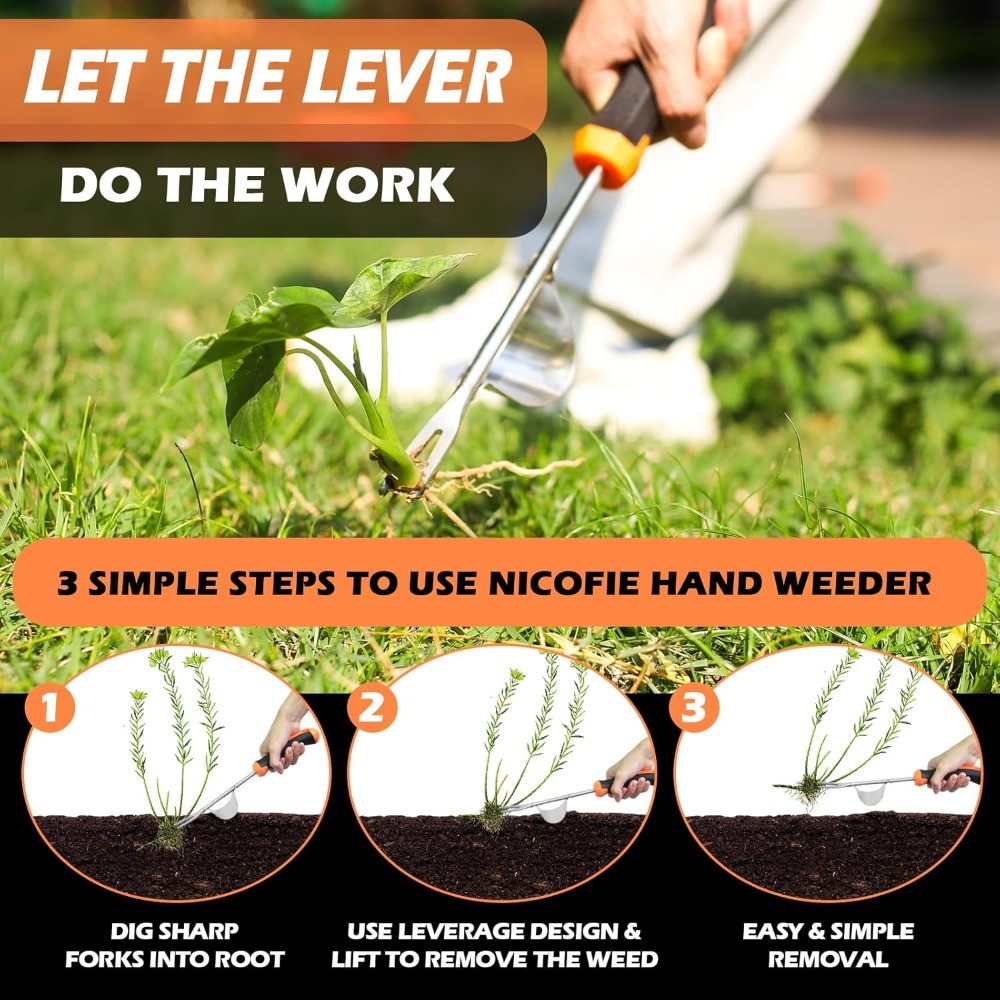 3 Pcs Hand Weeder Tool Set, 4-Tine Manual Weed Puller with Rubber Handle