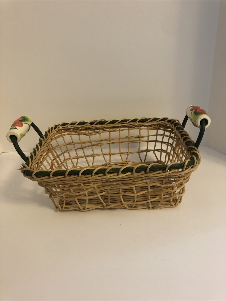 Vintage Basket with Painted Ceramic Handles
