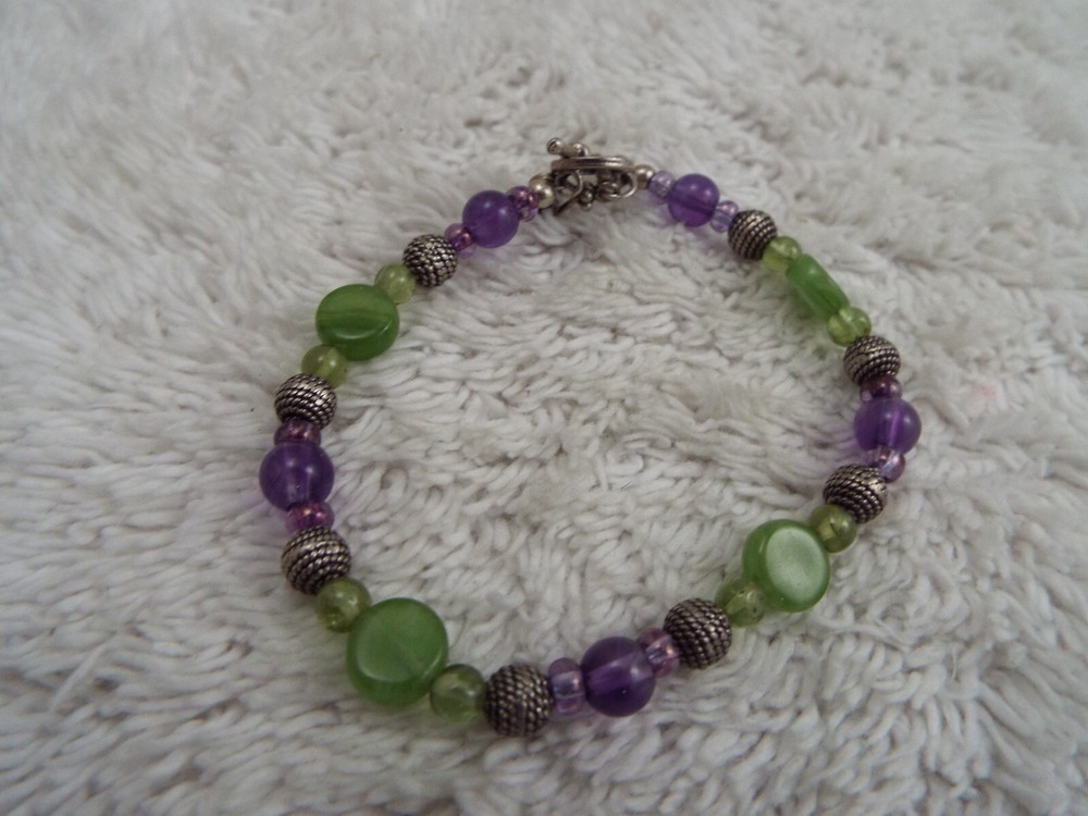 Silvertone Purple Green Bead Bracelet