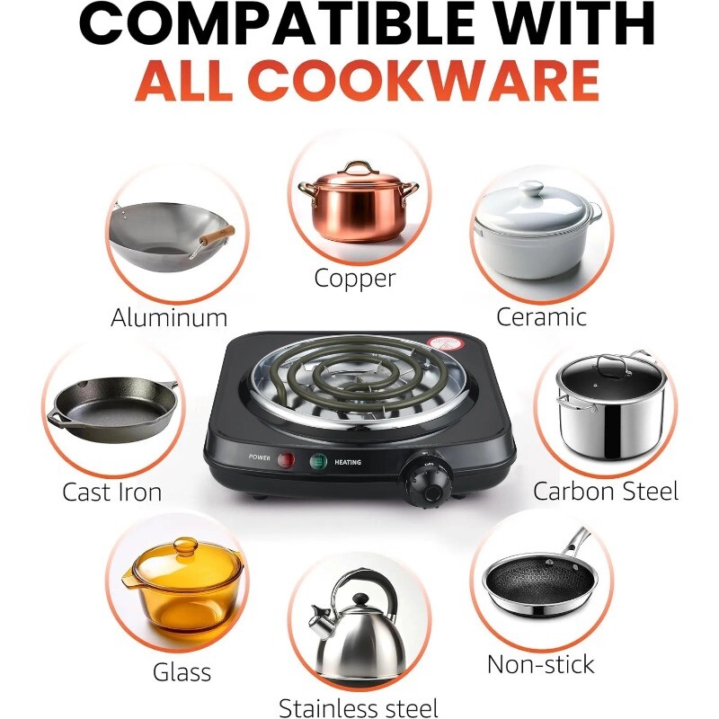 Portable Single Burner and Hot Plate, Temperature Control, Indicator Light