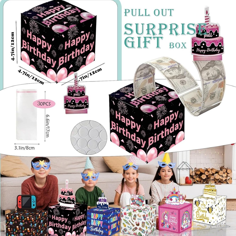 Birthday Money Box for Cash Gift Pull, Surprise Money Roll Gift Box with Pull Ou