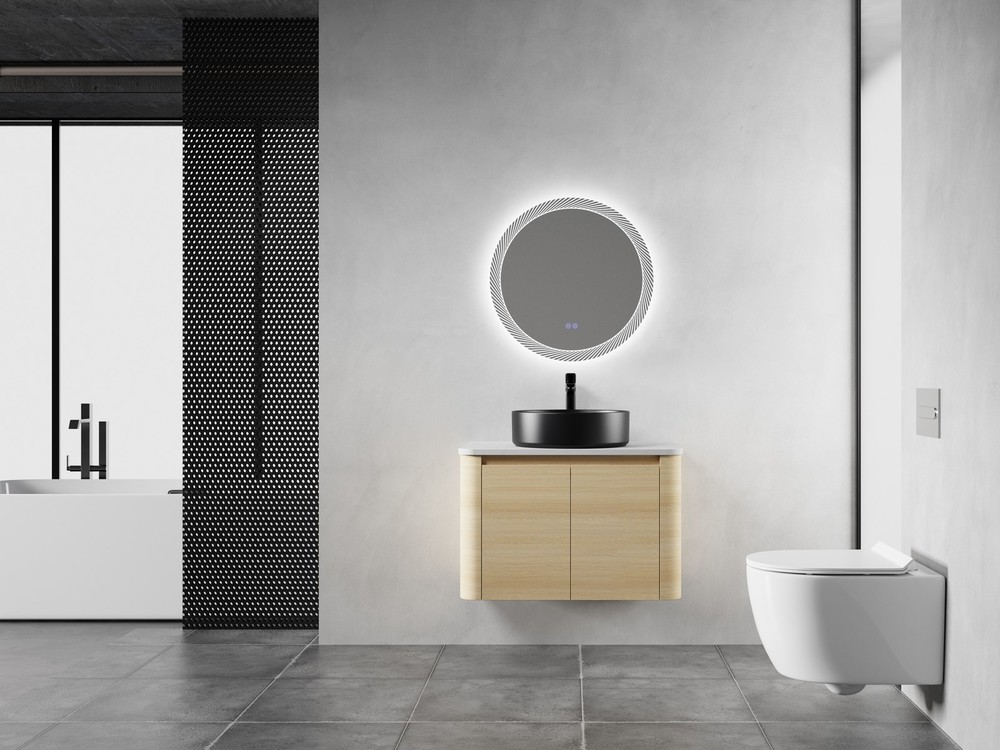 30”Wall-Mounted Bathroom Vanity W/ Black Ceramic Sink Basin Flat Stone Slab Top