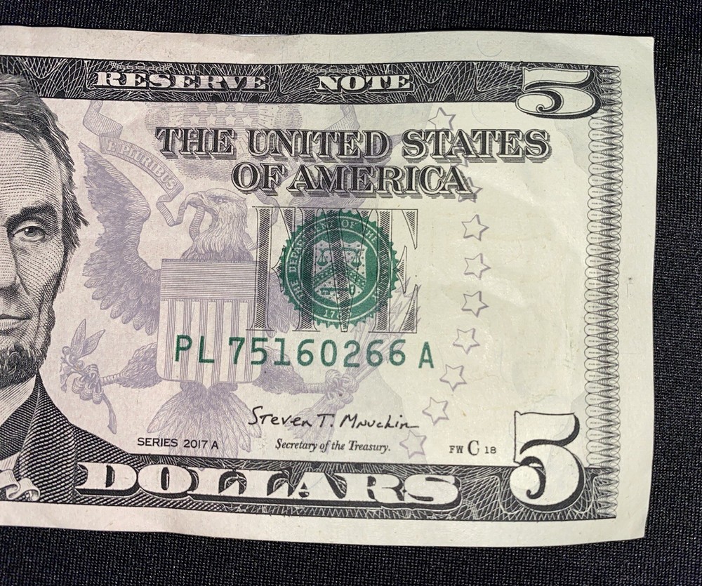 2017A $5 Bill Ink Error SeeThrough Reverse Of Note on serial number