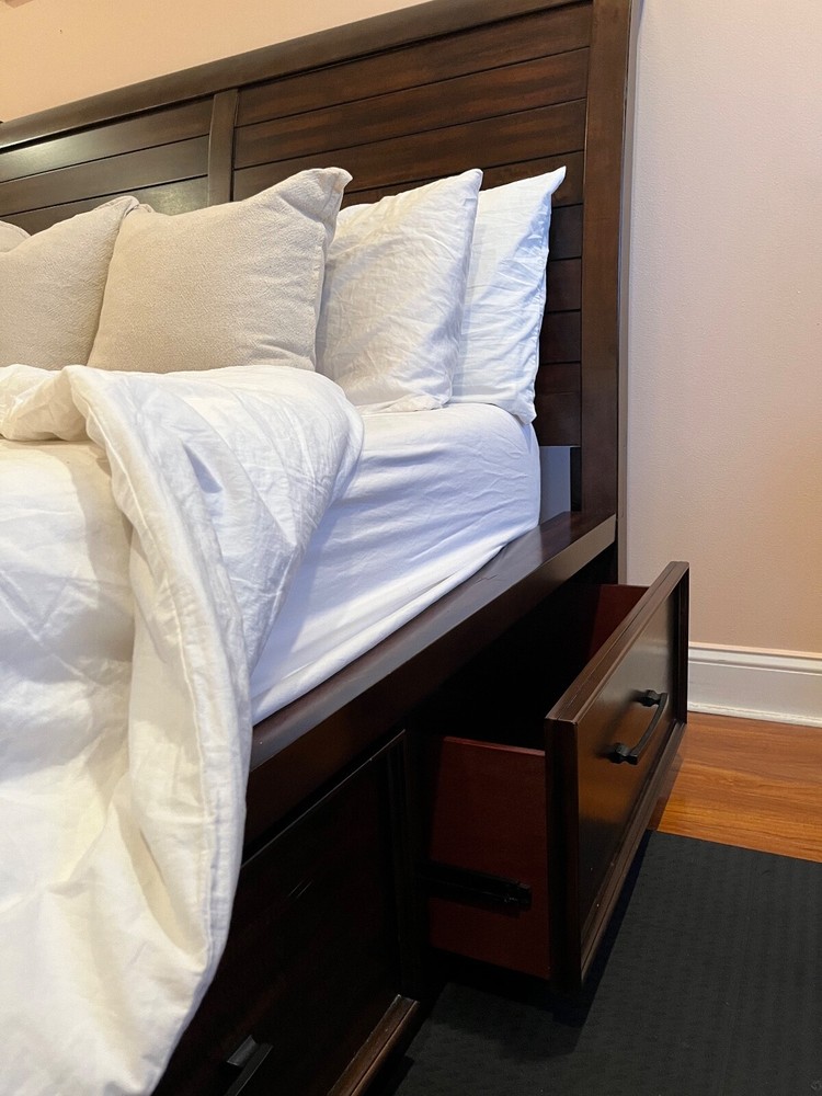 Queen size storage bedset; sturdy, brown, solid wood