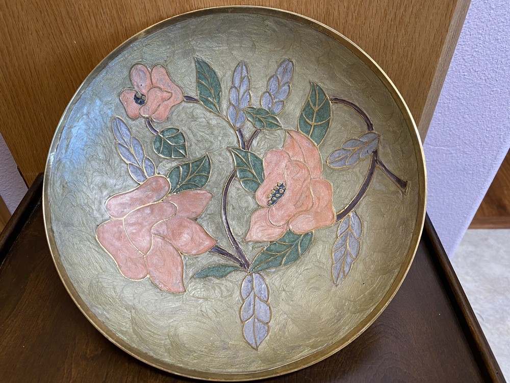 Brass Enamel Bowl Cloisonné Type ~ Floral Design 9 1/2”