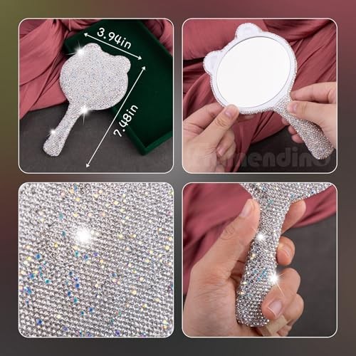 Cat Ear Shaped Bling Metal Handheld Mirror with Handle for Makeup White