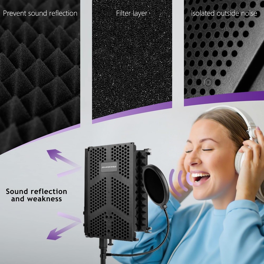 Rigych Microphone Isolation Shield, 3 Panels Sound Proof Mic Shield with Mic ...
