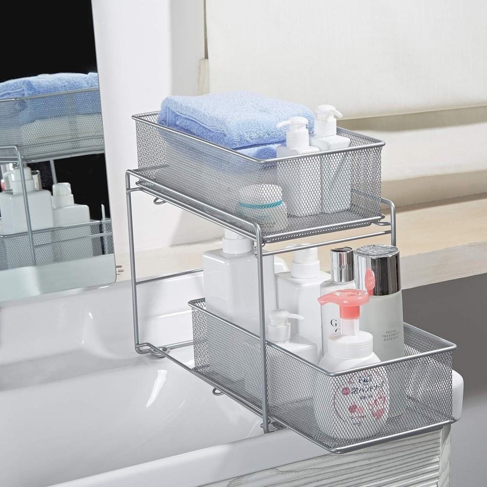 2 Tier Sliding Basket Stackable Cabinet Pull-Out Drawer Mesh Organizer for Ki...