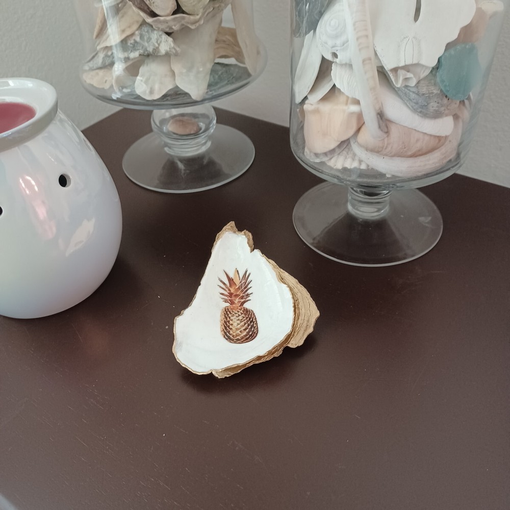Pineapple Decoupage Oyster Shell - Gold and White Ring Dish, Seashell Decor