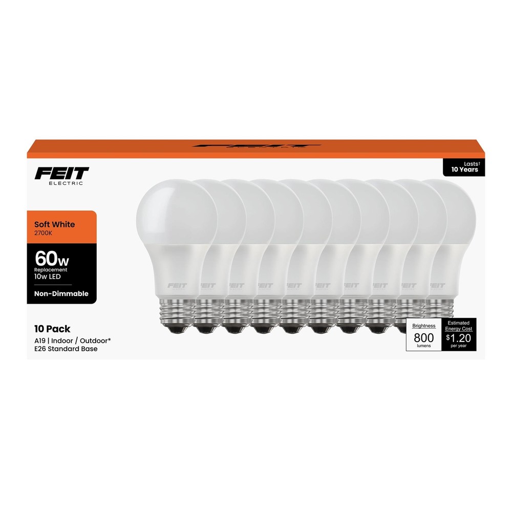 Feit Electric A19 LED Light Bulbs, 60W Equivalent, Non Dimmable, 800 Lumens, E26