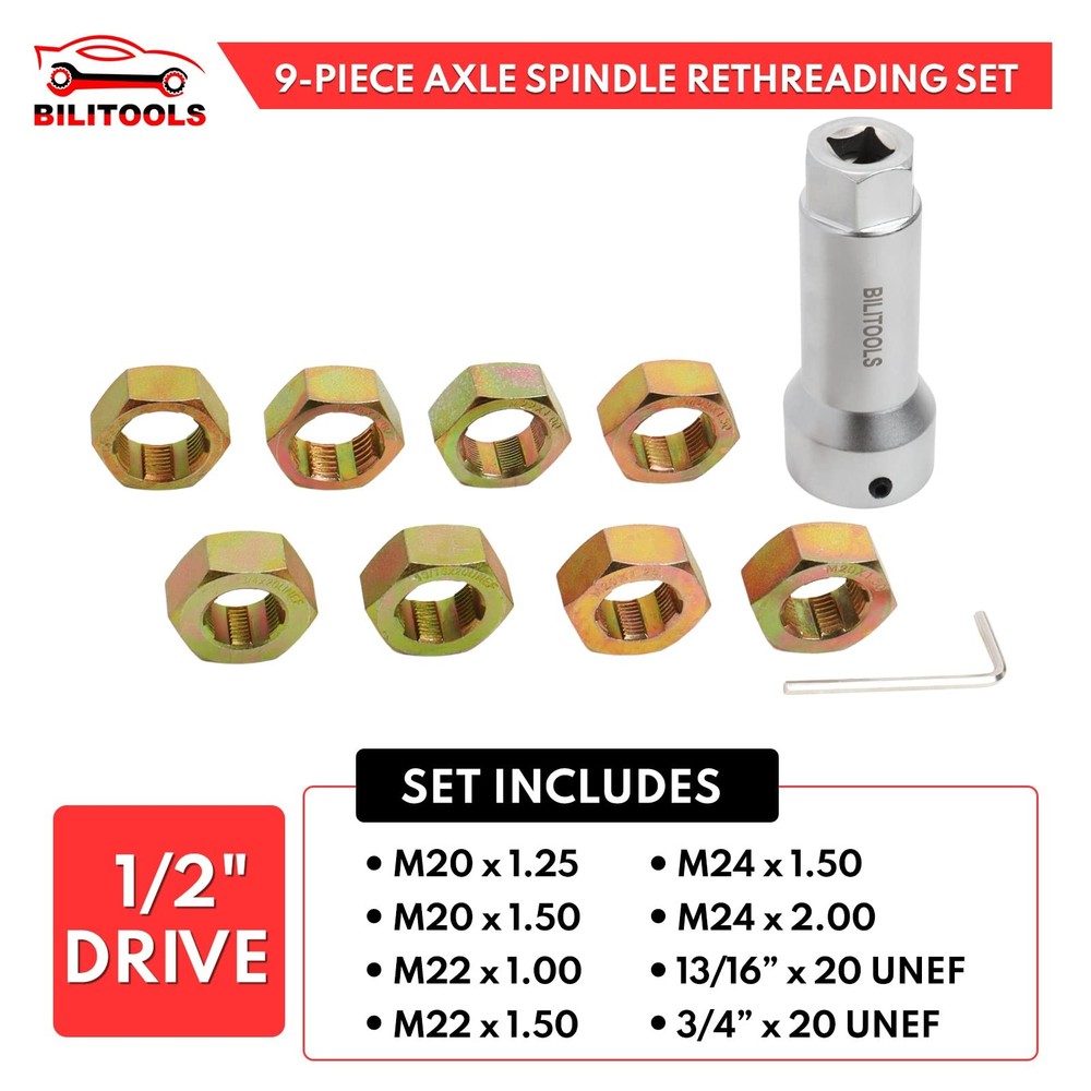 BILITOOLS 9-Piece Axle Spindle Thread Chaser Set, Rethreading...